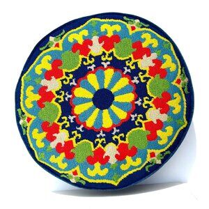 VTG Round MCM Pop Art Needlepoint Accent Pillow Blue Velvet Handmade 70s